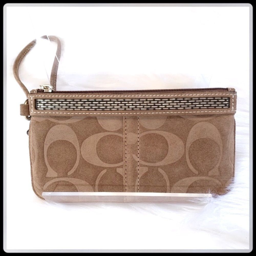 COACH Brown Suede Leather Wristlet with Beaded Accents